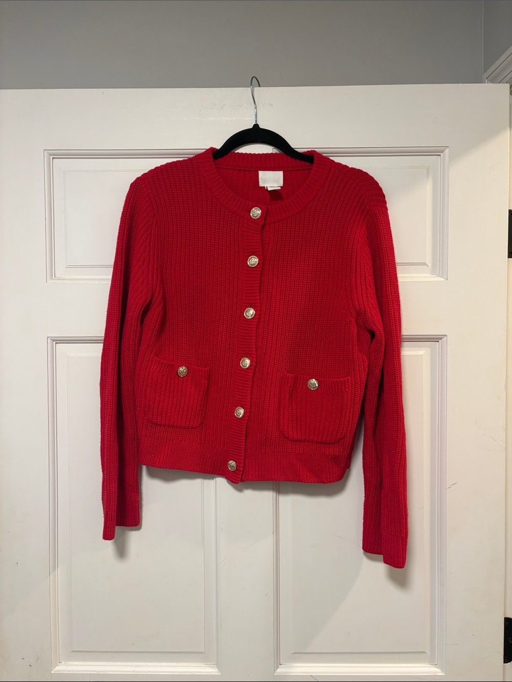 H&M Red Knit Button-Up Cardigan with Pocket Details